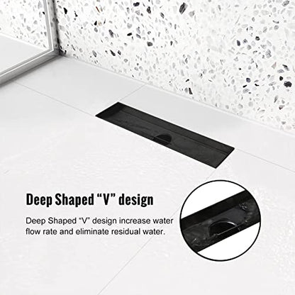 12" Linear Shower Drain Brushed Matte Black with Tile Insert Grate | AISI 304 Stainless Steel Fast Drainage Rectangle Hidden Shower Trench,Detachable Hair Catcher Easy to install,Leveling Feet - color: Matte Black, size: 12 Inch (No Base)