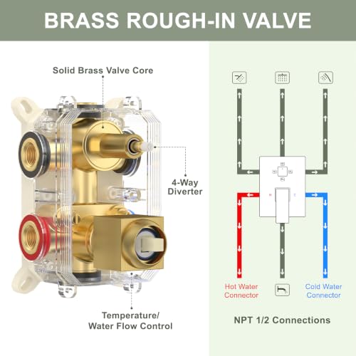 Rain Shower System with Rough-in Valve, Ceiling Mount Shower Faucet Set with 12" & 6" Dual Rain Shower Heads, 2-in-1 Handheld Shower, Tub Spout, 4-Function Complete Shower Fixture,Brushed Gold - color: Brushed Gold, size: Ceiling Mount-12"+6" head with Tu