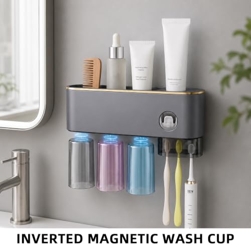Bathroom Toothbrush Holder —Wall-Mounted Toothbrush Organizer (with Automatic Toothpaste Dispenser), Magnetic Rinse Cup Design, No-Drill Bathroom Vanity Storage Tray (Gunmetal Gray (3-Cup)) - color: Gunmetal Gray (3-cup)