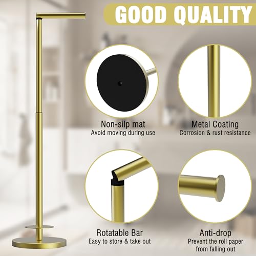 RUACQ Bathroom Toilet Paper Holder Stand with Storage, Gold | Free Standing Toilet Roll Holder, Height Adjustable, Holds 6 Reserve Rolls, Weighted Base, 304 Stainless Steel Rustproof - color: Gold
