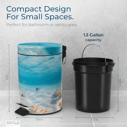 Sanilo Small Bathroom Trash Can with Lid [1.3 Gallon] - Lidded Tiny Trashcan for Garbage - Mini Metal Bin with Soft Closing Mechanism - Bath Room Accessoire Wastebin with Inner Bucket (Waterworld) - color: Waterworld