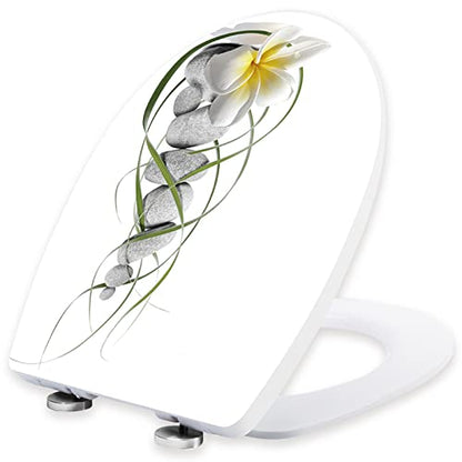 White Plastic Quick Release Toilet Seat - Oval Shape, Top Fixing with Adjustable Hinges, Easy Clean, Seagull and Starfish Design - One Size - color: Stone and Grass
