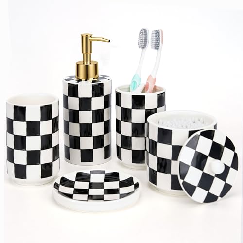 Ceramic Bathroom Soap Dispenser Set, Black and White Checkered Bathroom Vanity Set with Lotion Pump, Toothbrush Holder, Soap Dish & Storage Jar, Modern Bathroom Sink Accessories - style: Black