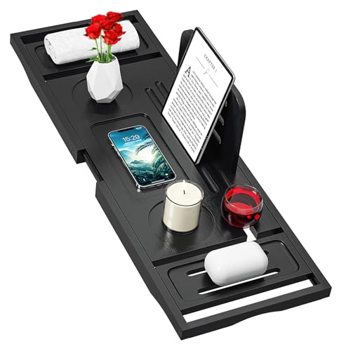 Bathtub Tray Caddy Black- Bath Tray Black - Bath Tub Tray Caddy - Bamboo Bath Tray for Tub - Expandable Size, Fits Most Tubs - color: Carbon Black Color