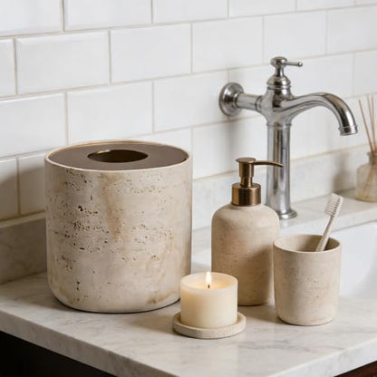Natural Travertine Textures Mini Trash Can with Rose Gold Stainless Steel Lid, Mini Countertop Trash Can for Bathroom Kitchen, Desk or Table top Mini Garbage Can, Resin Tiny Waste Basket for Vanity - color: Beige Travertine