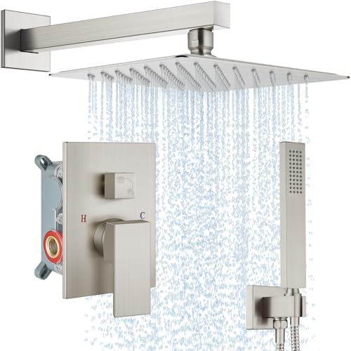 Midanya Shower Faucet Set with Handheld Sprayer,12 Inch,Brushed Nickel | Rough-in Shower Valve and Trim Kit Included,Square Rain Head,Wall Mount Shower System,All Metal,Bathroom - color: Nickel, size: 12 Inch