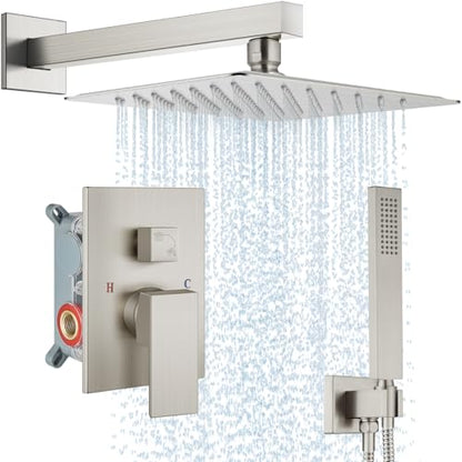 Midanya Shower Faucet Set with Handheld Sprayer,12 Inch,Brushed Nickel | Rough-in Shower Valve and Trim Kit Included,Square Rain Head,Wall Mount Shower System,All Metal,Bathroom - color: Nickel, size: 12 Inch