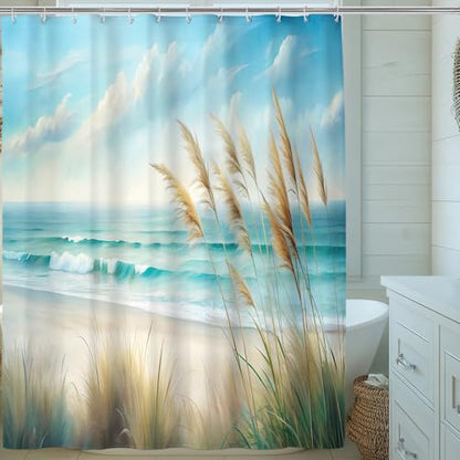 Ocean Sea Beach Shower Curtain, Coastal Sandy Shower Curtains for Bathroom, Light Blue Nature Blossom Waterproof Polyester Fabric Shower Curtain Set with Hooks, Standard Size 72 x 72 inches - color: Light Blue