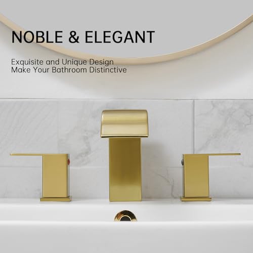 RUMOSE Bathroom Faucets Gold Bathroom Sink Faucet 3 Hole with Drain | 8 inch Widespread 2 Handles Lavatory Vanity Faucet Set, Waterfall Spout, Deck Mounted, Pop Up Drain, Stainless Steel - color: Brushed Gold