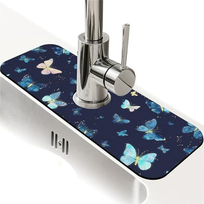 Kitchen Sink Splash Guard，Luminous Butterfly-1 Faucet Mat Sink Gadgets-Super Absorbent Fast Drying Mat Drip Catcher for Kitchen, Bathroom,Sink Mat, Dish Drying Mat, Bathroom(15" X 5.5" ) - color: Luminous Butterfly-1