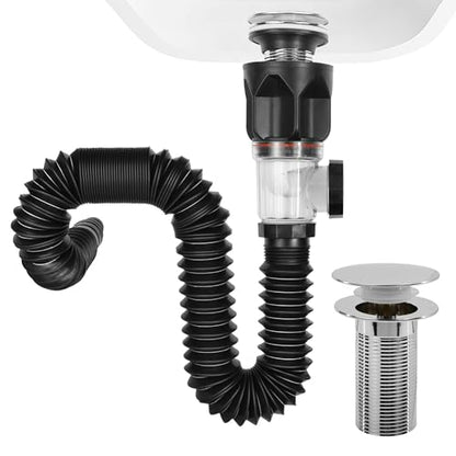 Bathroom Sink Drain Kit, with Flexible Expandable P-Trap Sink Drain Pipe, Fits 1-1/4",1-1/2" and 2'' Drain Hole, Built-in Anti-Clogging Stopper, Anti-Odor Without Overflow - color: Black Without Overflow, style: 1 Pack