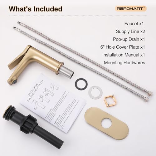Rbrohant Single Hole Bathroom Faucet, Brushed Gold Single Handle Bathroom Sink Faucets for 1 Hole or 3 Hole, Bathroom Vanity Faucet with Pop up Drain and Cover Plate, Deck Mount, R2001-BGP - color: Brushed Gold, style: With Escutcheon