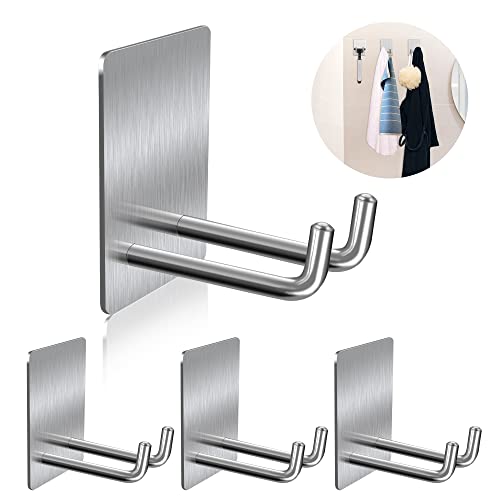 Adhesive Hooks, Stick on Stainless Steel Towel Robe Razor Wall Hooks for Bathroom Kitchen, Sticky Heavy Duty Durable Shower Hangers for Hanging Hat Coat Key 4-Pack (Silver) - color: Silver