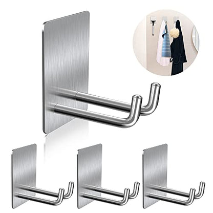 Adhesive Hooks, Stick on Stainless Steel Towel Robe Razor Wall Hooks for Bathroom Kitchen, Sticky Heavy Duty Durable Shower Hangers for Hanging Hat Coat Key 4-Pack (Silver) - color: Silver