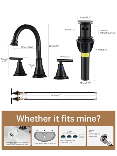Black 8 Inch Widespread Bathroom Sink Faucet 3 Hole, Bathroom Vanity Faucet with Metal Pop-up Drain Assembly, 2 Handle Basin Supply Hoses - color: Matte Black