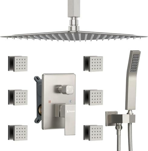 DASAN Full Body Shower System with 6 PCS Body Spray Jets & 12'' Rain Shower Head & Handheld, Ceiling Mount Rain Shower System Brushed Nickel Shower Faucets Sets Complete with Valve, SA-SS03ABN-S12C - color: Brushed Nickel