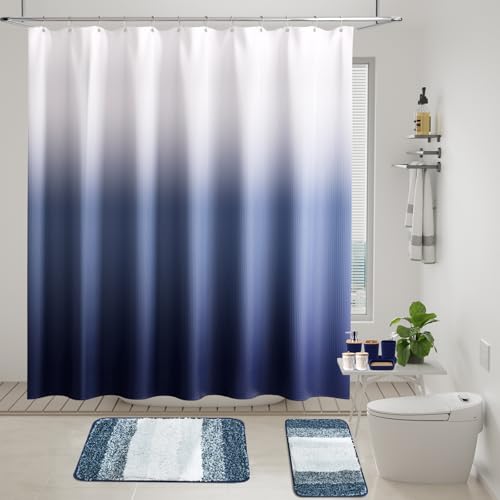 XLHOMO Navy Blue Bathroom Accessories Set with Wicker Trash Can Shower Curtain and Rugs,Bathroom Sets Small Waste Basket Bathroom Trash Can for Bedroom Bathroom - size: Wicker Bathroom Set+Shower Curtain+Bath Rugs, style: Navy Blue