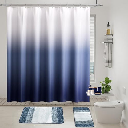XLHOMO Navy Blue Bathroom Accessories Set with Wicker Trash Can Shower Curtain and Rugs,Bathroom Sets Small Waste Basket Bathroom Trash Can for Bedroom Bathroom - size: Wicker Bathroom Set+Shower Curtain+Bath Rugs, style: Navy Blue
