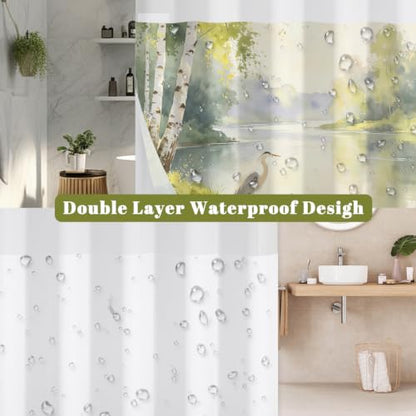 Nature Landscape Shower Curtain with Snap in Liner, 71x74 Inch | No Hooks Needed & Mesh Top, Double Layer Waterproof, Heron Bird & Birch Tree Lake Greenery Scenery Design for Rustic Bathroom - color: Crane & Landscape