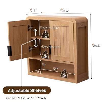 25.4" Bathroom Wall Cabinet with Grooved Doors & Open Shelf, Oak | Grooved Double Doors / Rounded Edges / 3-Position Shelf / Open Storage / Hanging Rail Mount / Natural Oak Finish