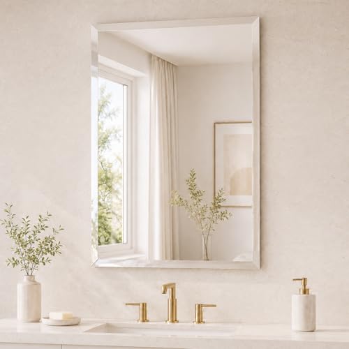 24x36 Inch Rectangle Frameless Bathroom Vanity Mirror with Beveled Edge - Shatterproof Wall Mounted Decorative Glass with Safety Backing for Living Room Bedroom Hallway Entryway - Fab Glass and Mirror - size: 24"L x 36"W, style: Rectangle