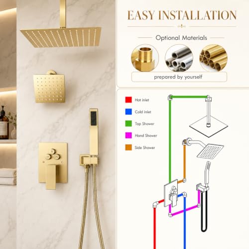 Dual Rainfall Shower Head System for 2 People Shower Faucet Set, Push Button Diverter Solid Brass Pressure-Balanced Valve Shower System (Brushed Gold)