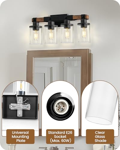 4-Light Bathroom Light Fixture, Farmhouse Vanity Lights for Bathroom with Glass Shade, Rustic Bathroom Light Fixtures, E26 Base F09BD05 - size: 4-Light