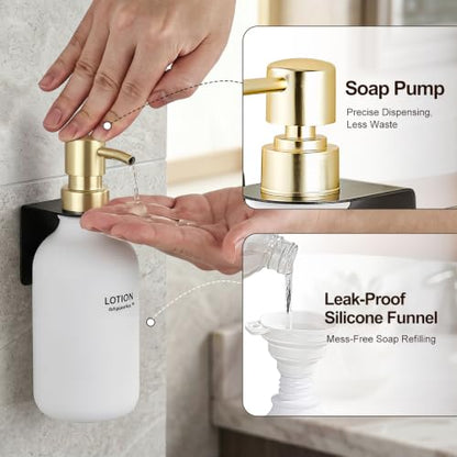 Shampoo and Conditioner Dispenser Set of 3, Matte White | Gold Pumps, 16.9 oz Refillable Bottles, No-Drill Wall Mount, 27 Labels, For Bathrooms, Hotels and Airbnbs - color: Matte White Bottle + Gold Pump