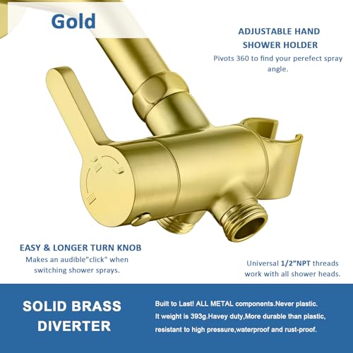 3 Way Shower Diverter Valve with Hand Shower Holder, G1/2 Shower Head Splitter, Shower Arm Diverter (Gold) - color: Gold
