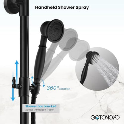 gotonovo Exposed Shower Faucet Set with Tub Spout Matte Black | Brass Bathroom Shower System,8 Inch Rainfall Head with Handheld Spray and Tub Filler,Adjustable Height,6’’ Hole Distance - color: Black