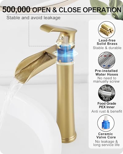 Vessel Sink Faucet, Tall Brass Waterfall Bathroom Faucet 1 Handle Gold Faucets for Bathroom Vanity 1 Hole with Pop-Up Drain & Supply Hoses - color: Brushed Gold-Noble
