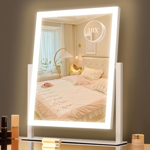 Lighted Vanity Mirror with Lights, Makeup Mirror with Light, 16.7"x 13.2",Three Color Lighting Modes and Dimmable Lighting, Smart Touch Control, 360°Rotation, for Vanity Desk Tabletop,Dressing Room - color: White