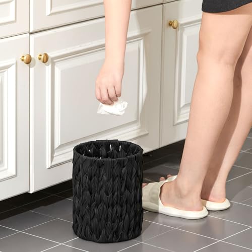 Ctosree 1.3 Gal Boho Woven Trash Can with Lid, Black | Braided polypropylene waste basket with handle and 100 garbage bags for bathroom, bedroom, office, or laundry. - color: Black, style: Braided Polypropylene