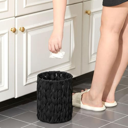 Ctosree 1.3 Gal Boho Woven Trash Can with Lid, Black | Braided polypropylene waste basket with handle and 100 garbage bags for bathroom, bedroom, office, or laundry. - color: Black, style: Braided Polypropylene