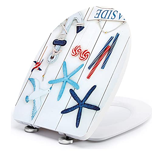 White Plastic Oval Toilet Seat with Quick Release, Top Fixing, Adjustable Hinges, Seagull and Starfish Design, One Size - color: Seagull and Starfish