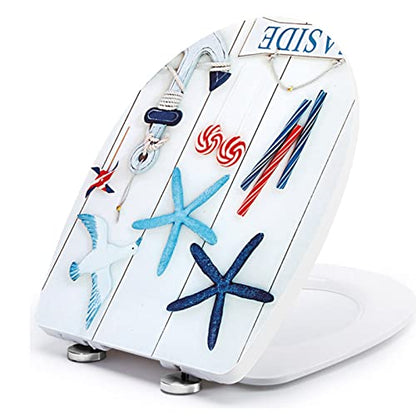 White Plastic Oval Toilet Seat with Quick Release, Top Fixing, Adjustable Hinges, Seagull and Starfish Design, One Size - color: Seagull and Starfish