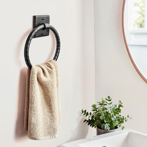 Monarch Abode Bathroom Towel Holder – 7-Inch Round Matte Black Bathroom Hand Towel Holder for Bathrooms Wall, Metal Hand Hammered Towels Ring Wall Mount, Traditional Surface-Mounted Ring Hanger - color: Matte Black, style: Traditional