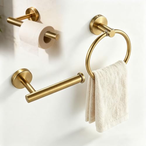 2 Piece Brushed Gold Bathroom Set, Wall Mount Toilet Paper Holder | Towel Ring, Durable Stainless Steel with Brass Finish, Rustproof Bathroom Hardware for Modern Bathrooms
