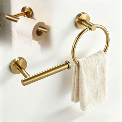2 Piece Brushed Gold Bathroom Set, Wall Mount Toilet Paper Holder | Towel Ring, Durable Stainless Steel with Brass Finish, Rustproof Bathroom Hardware for Modern Bathrooms