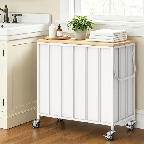 120L Laundry Hamper with Lid, Rolling Laundry Basket with Dual Liner Bags | Soft-Close Lid; Dual Removable Liners; Lockable Casters; Metal Handles; Easy Assembly