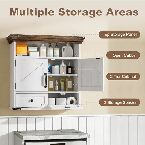 Bathroom Wall Cabinet, Farmhouse Medicine Cabinet with Door, 8.9"D x 25.6"W x 24.8"H, Wall Mounted Bathroom Cabinet with Adjustable Shelf, Wall Storage Cabinet for Laundry Room & Kitchen(White) - size: 8.9"D x 25.6"W x 24.8"H