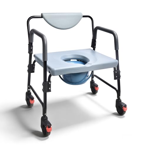 Bedside Commode - Rolling Shower Chair with Wheels - Portable Toilet for Elderly - Rear Locking Wheels 7-qt Commode Bucket Included, HDB-601A