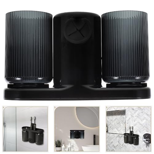 Generic Wall Mount Toothbrush Holder with Double Cup and Toothpaste Dispenser, No-Drill Bathroom Organizer with Towel Hanger, Black Plastic Toothbrush Storage Rack for Home and Travel