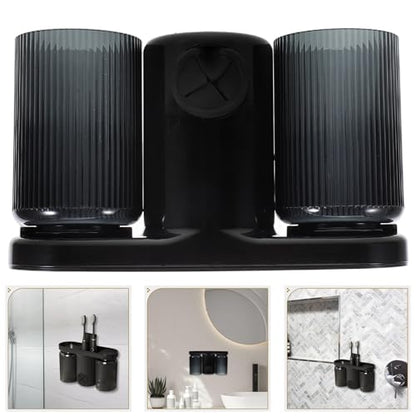Generic Wall Mount Toothbrush Holder with Double Cup and Toothpaste Dispenser, No-Drill Bathroom Organizer with Towel Hanger, Black Plastic Toothbrush Storage Rack for Home and Travel
