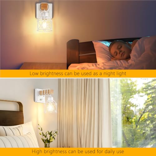 FadimiKoo Wall Sconces Set of Two, Farmhouse Hardwired White Wall Lamps with Wooden Arm & On/Off Dimmable Switch, Modern Bathroom Light Fixtures with Metal Shade for Living Room, Hallway, Bedroom - color: White, size: 1-Light (2 Pack)
