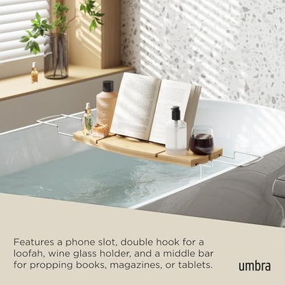 Umbra Aquala Bath Caddy, Extendable Bathtub Tray with Phone Holder, Natural | Bamboo, non-slip silicone arms, fits most tubs, waterproof, holds book and wine glass - color: Natural