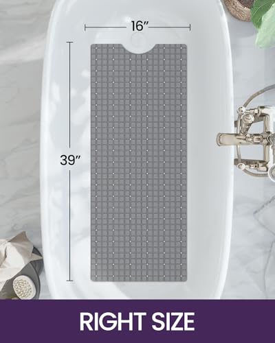 DEXI Bathtub Mat Non Slip, 39x16 Bath Tub Shower Floor Bathroom Mats Grey | Extra Long Suction Cups, Drain Holes, Machine Washable for Tub Shower Floor Bathmat - color: Gray