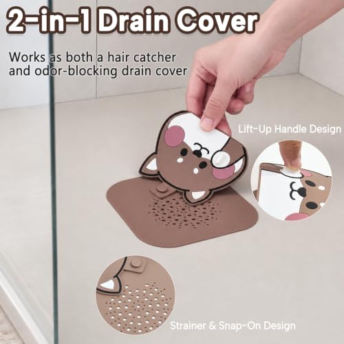 2Pack Square Shower Drain Hair Catcher for Bathtub and Shower | Khaki thick silicone, cartoon animal design, reusable hair stopper for floor drains, kitchen laundry room utility use - color: Khaki