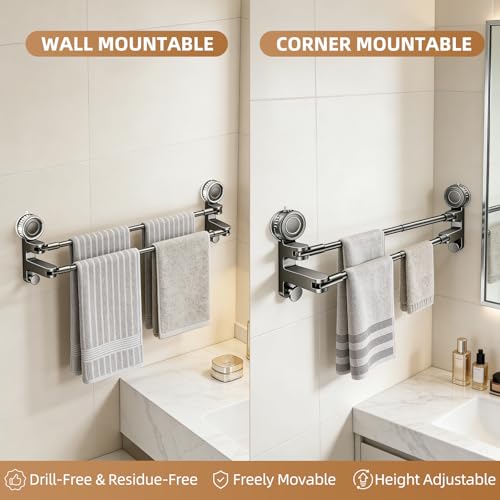 Adjustable Suction Cup Towel Bar, Grey, 20-34", 1-Tier | Extendable Carbon Steel Towel Racks, Space Saving, Bath Towel Holder with Hooks, No-Drill Mounted, For Bathroom Wall