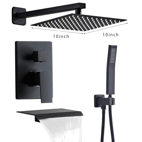 Matte Black Shower Faucet Set with Tub Spout 10 Inch | 2 Hooks, Tub and Shower Faucet Combo, Rain Shower and Handheld Shower System Square Wall Mount for Bathroom - color: Matte Black, style: 10 Inch